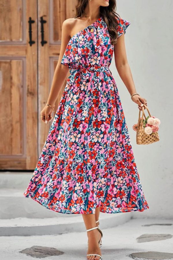 Ruffled Tied Printed One Shoulder Dress