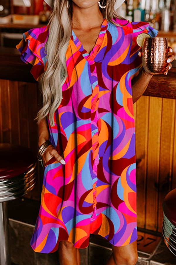 Ruffled Contrast Print Cap Sleeve Dress