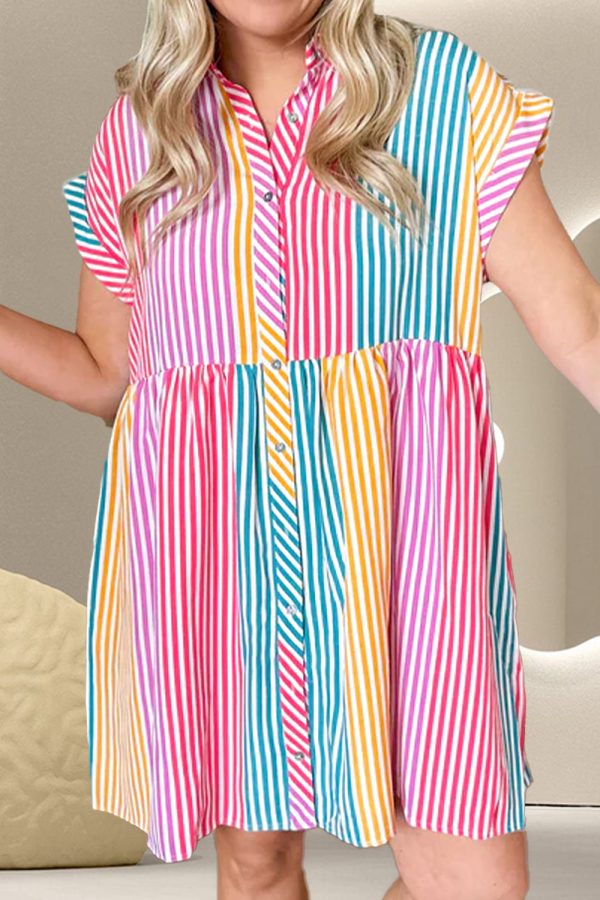 Striped Collared Neck Cap Sleeve Dress